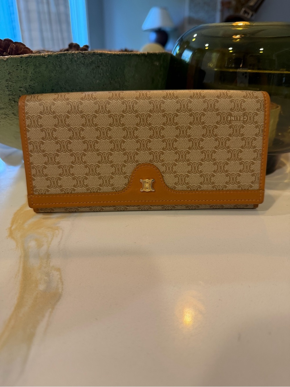 Celine Triomphe Monogram Continental Wallet in Tan Leather Trim